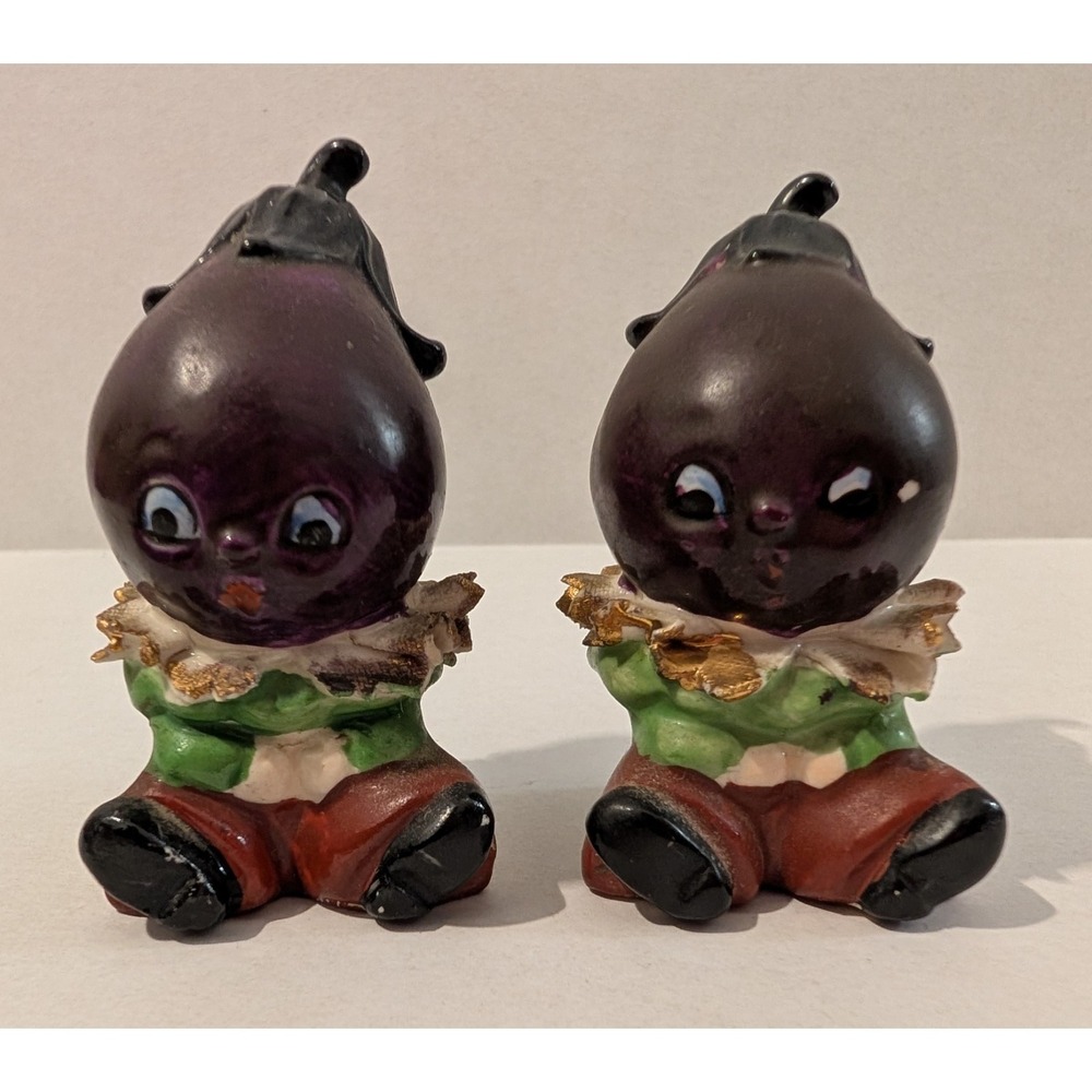 Anthropomorphic Eggplant Salt & Pepper Shaker Set Vintage 3" Tall 1.5x1.5" Wide